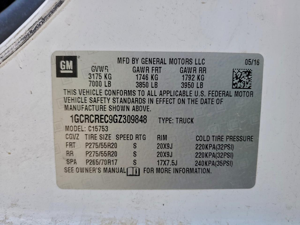 2016 Chevrolet Silverado C1500 Lt VIN: 1GCRCREC9GZ309848 Lot: 94110125
