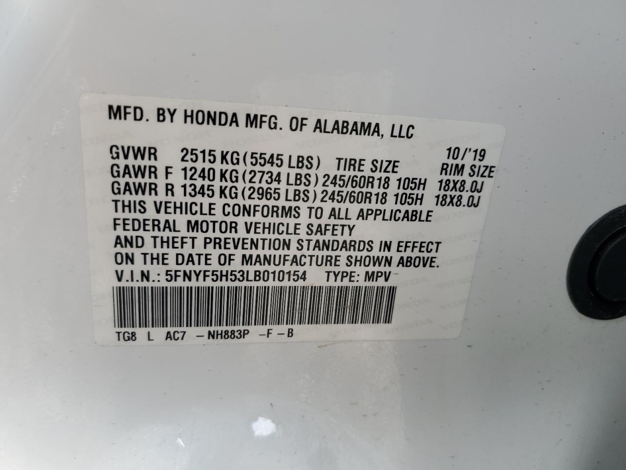 2020 Honda Pilot Exl VIN: 5FNYF5H53LB010154 Lot: 91321545