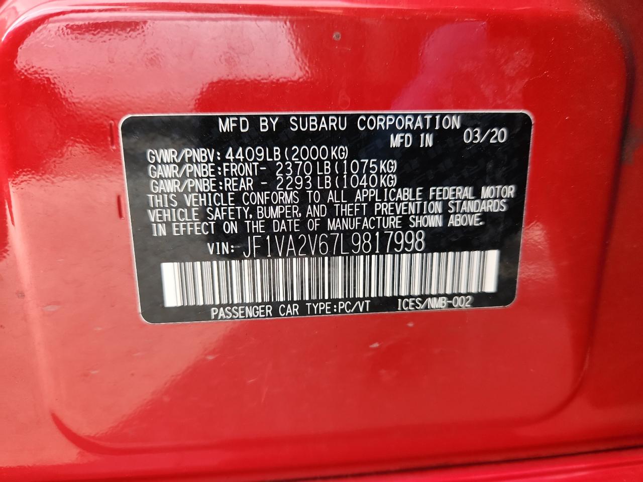 2020 Subaru Wrx Sti Limited VIN: JF1VA2V67L9817998 Lot: 93025365