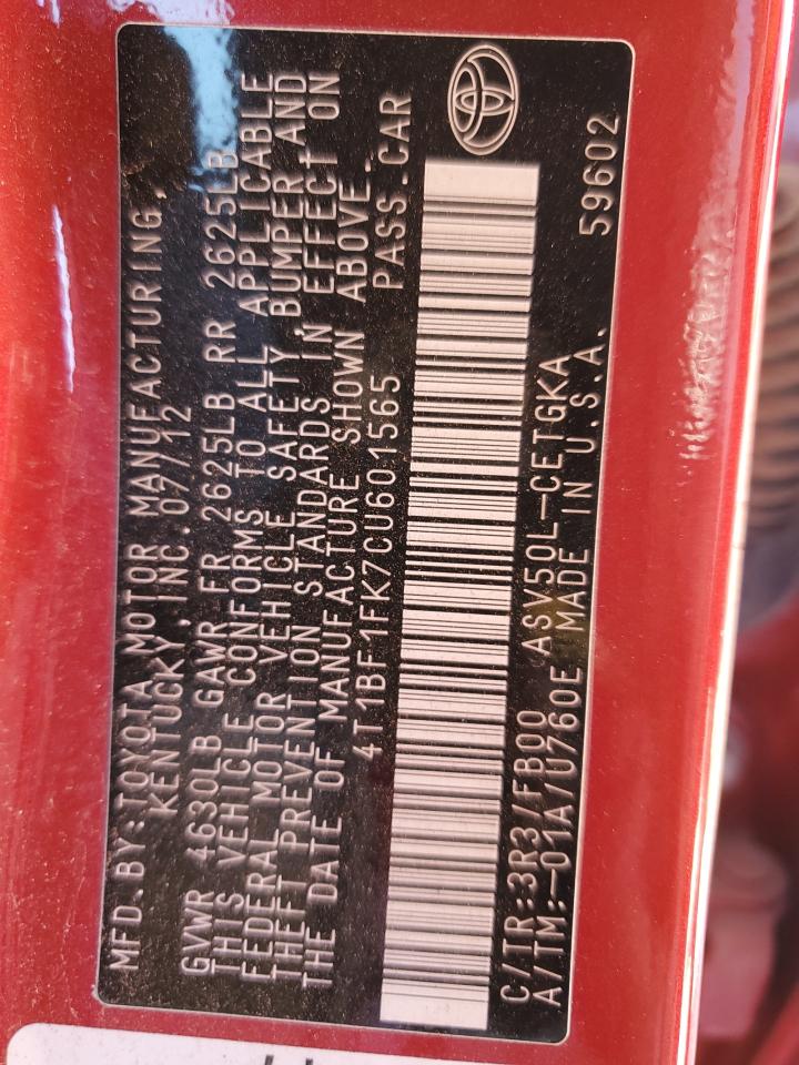 2012 Toyota Camry Base VIN: 4T1BF1FK7CU601565 Lot: 92828345