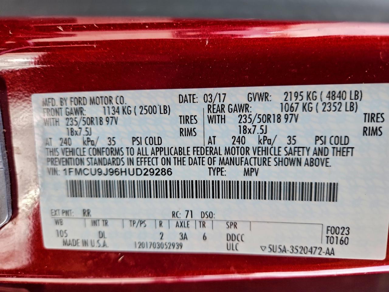 2017 Ford Escape Titanium VIN: 1FMCU9J96HUD29286 Lot: 94152455