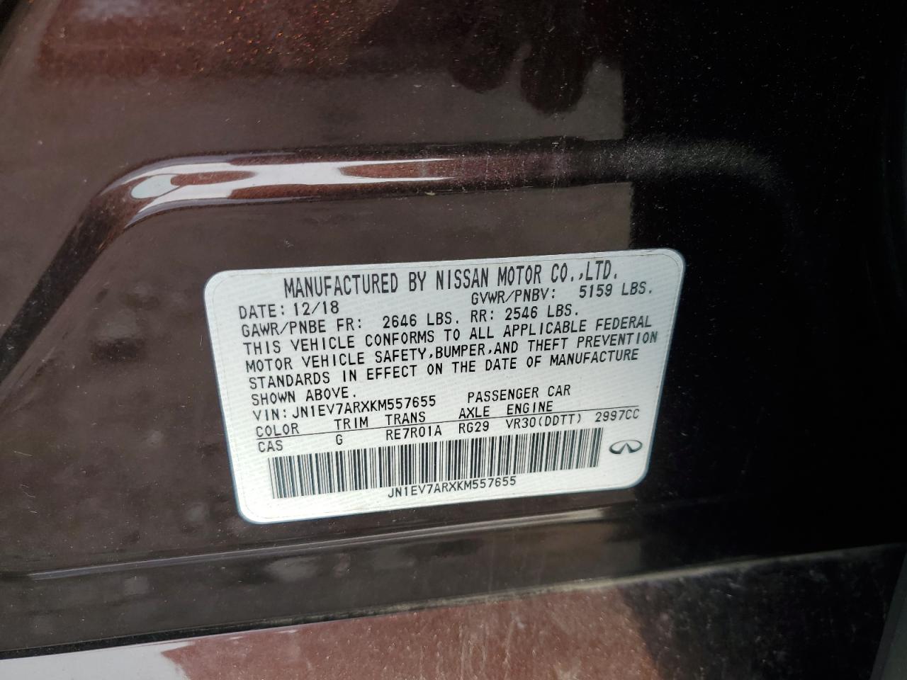 2019 Infiniti Q50 Luxe VIN: JN1EV7ARXKM557655 Lot: 91046015