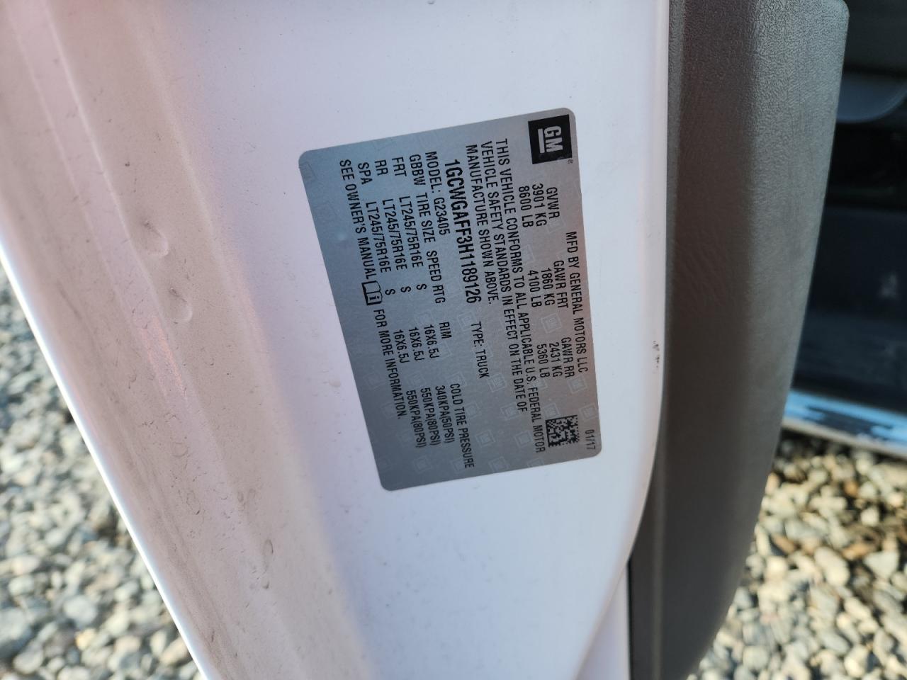 2017 Chevrolet Express G2500 VIN: 1GCWGAFF3H1135261 Lot: 92077415