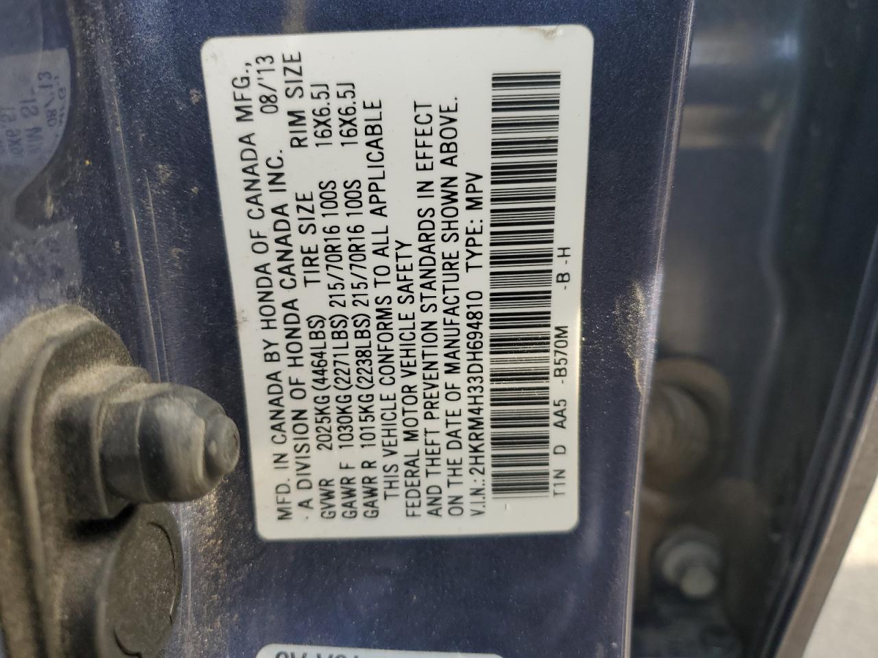 2013 Honda Cr-V Lx VIN: 2HKRM4H33DH694810 Lot: 91675205