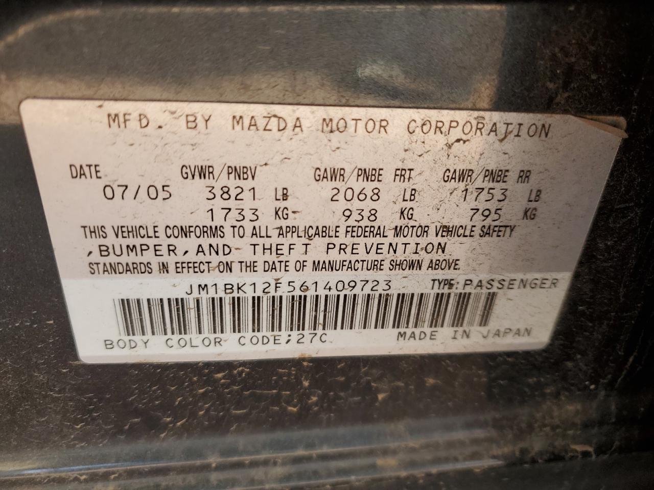 2006 Mazda 3 I VIN: JM1BK12F561409723 Lot: 93144165