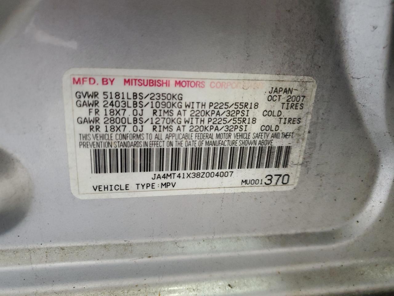 2008 Mitsubishi Outlander Xls VIN: JA4MT41X38Z004007 Lot: 92863635