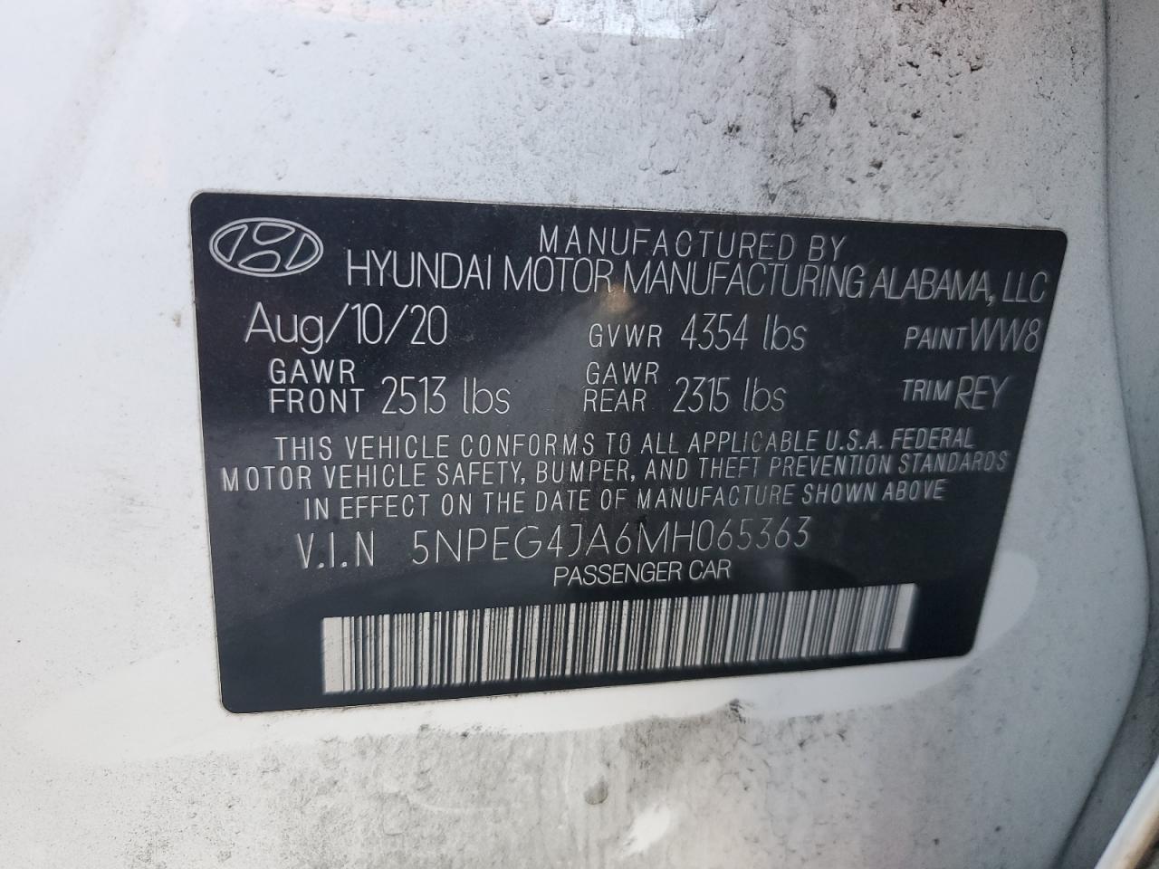 2021 Hyundai Sonata Se VIN: 5NPEG4JA6MH065363 Lot: 93521985