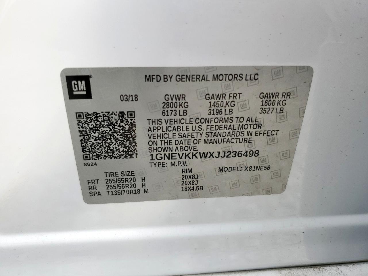 2018 Chevrolet Traverse High Country VIN: 1GNEVKKWXJJ236498 Lot: 85436655