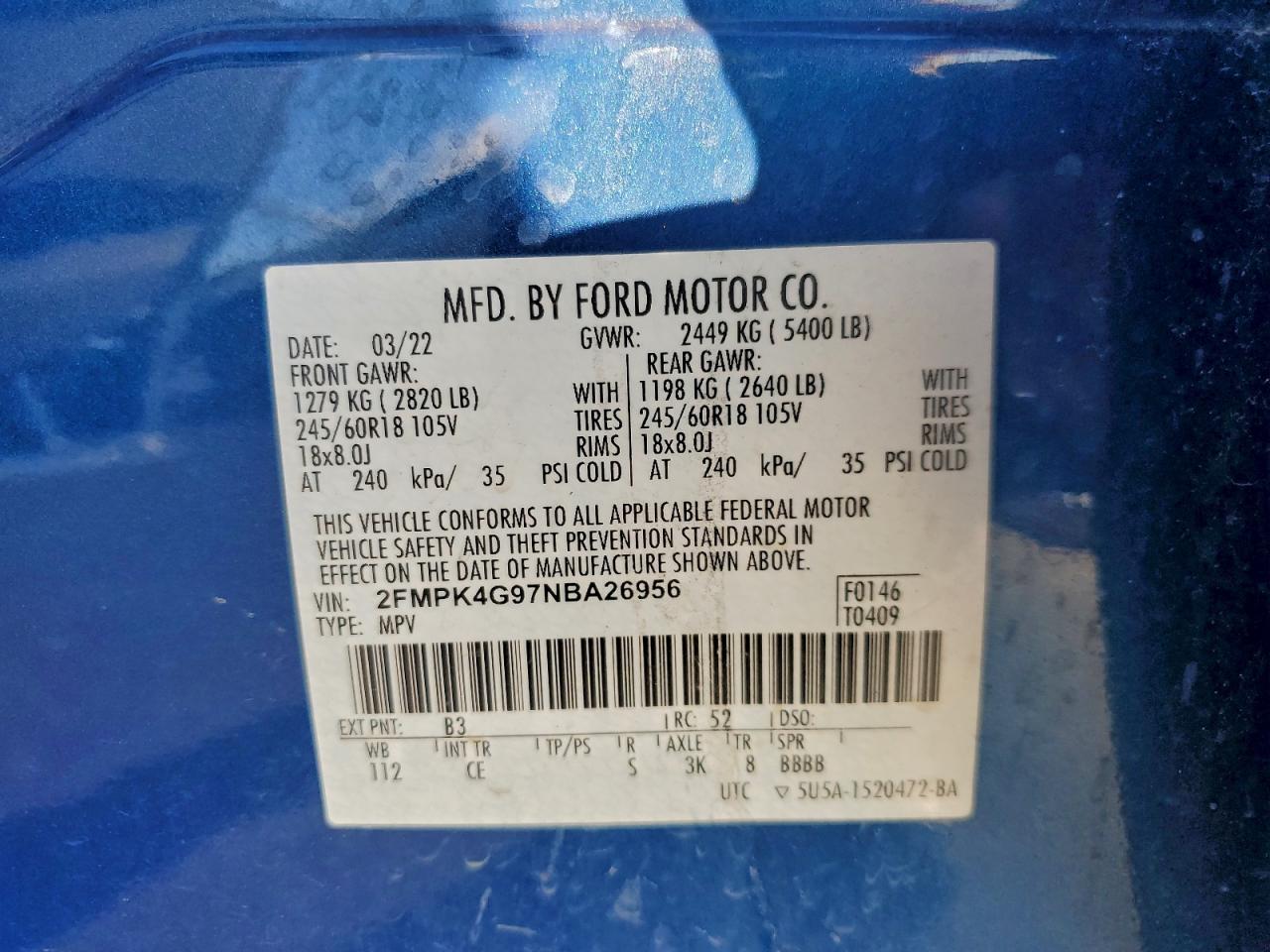 2022 Ford Edge Se VIN: 2FMPK4G97NBA26956 Lot: 93222445