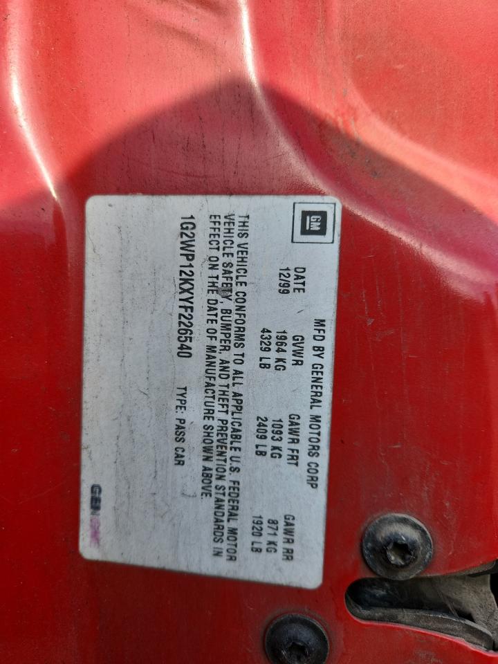 2000 Pontiac Grand Prix Gt VIN: 1G2WP12KXYF226540 Lot: 92570715