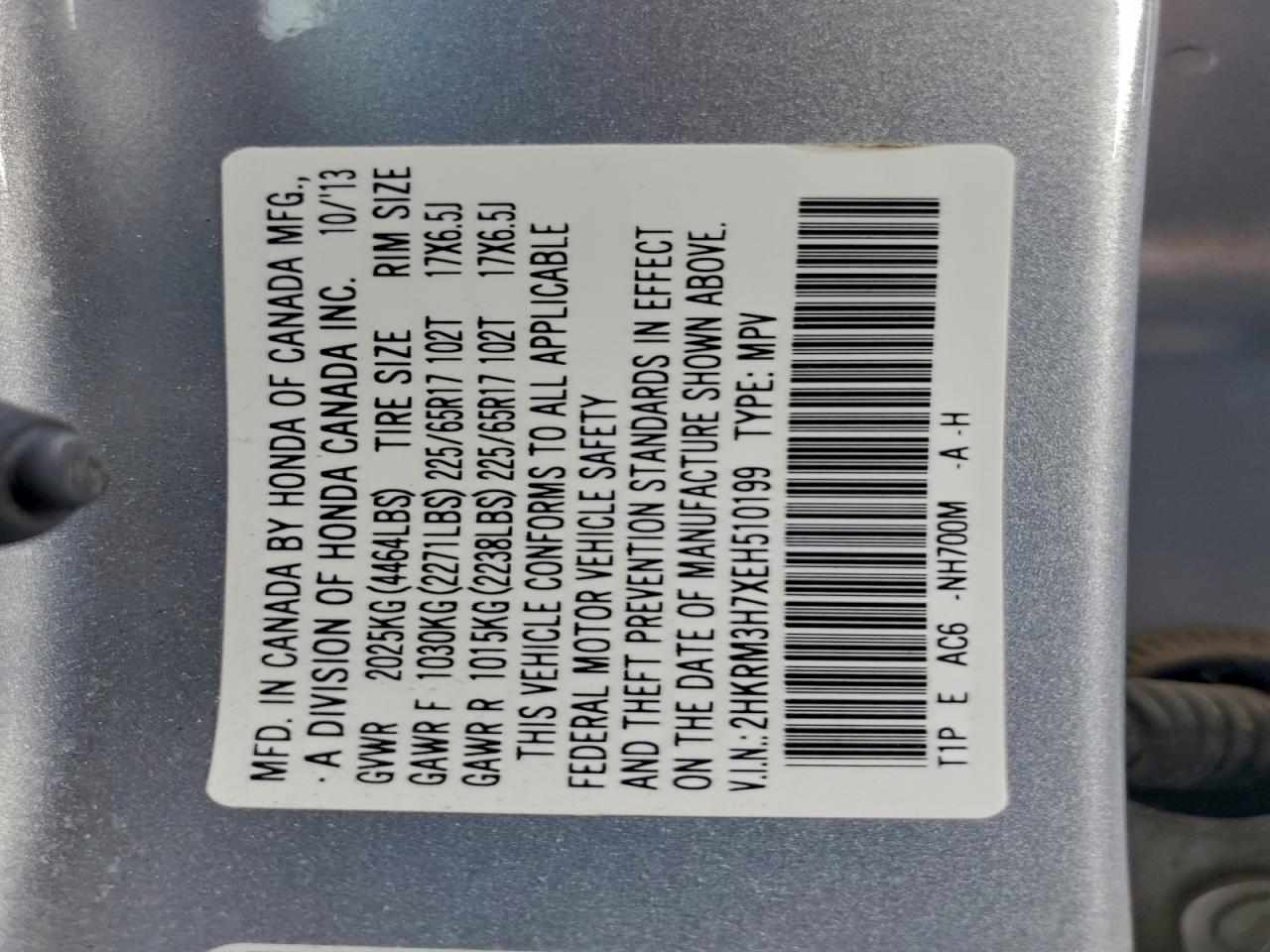 2014 Honda Cr-V Exl VIN: 2HKRM3H7XEH510199 Lot: 94428545