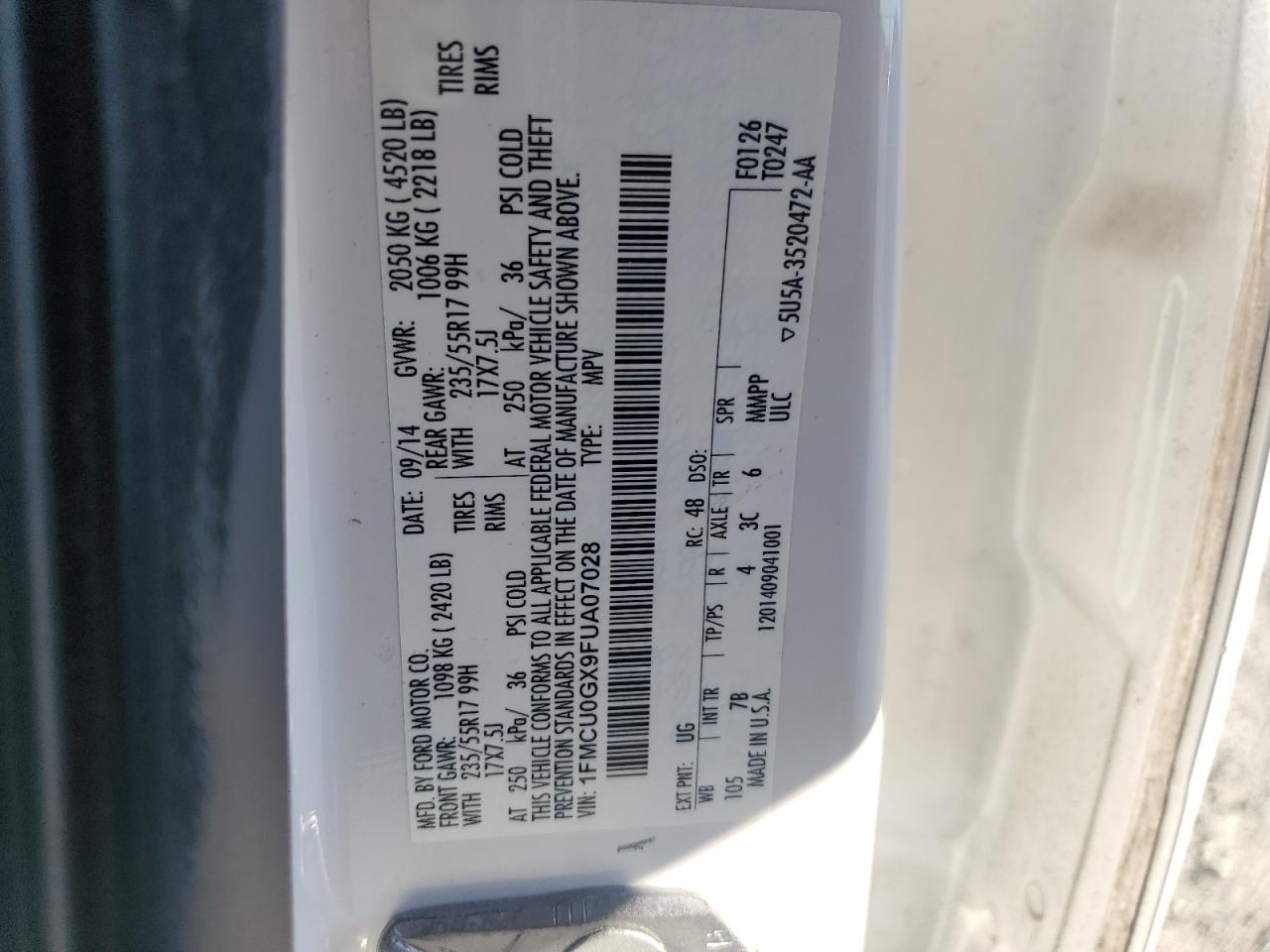 2015 Ford Escape Se VIN: 1FMCU0GX9FUA07028 Lot: 92152485