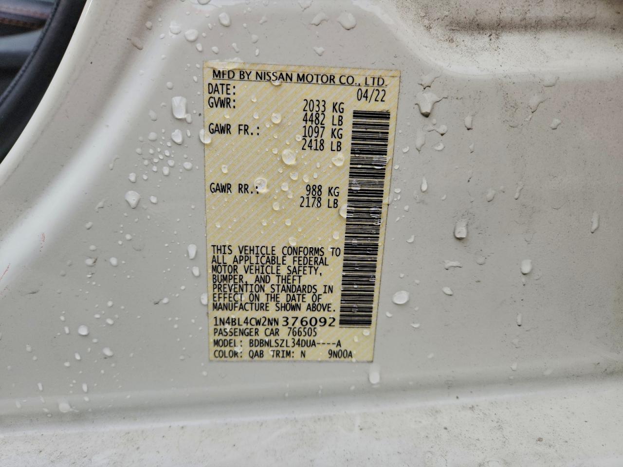 2022 Nissan Altima Sr VIN: 1N4BL4CW2NN376092 Lot: 92934605