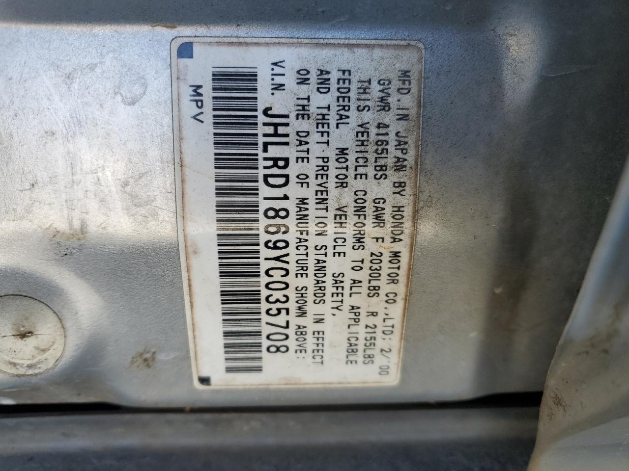 2000 Honda Cr-V Ex VIN: JHLRD1869YC035708 Lot: 91704925