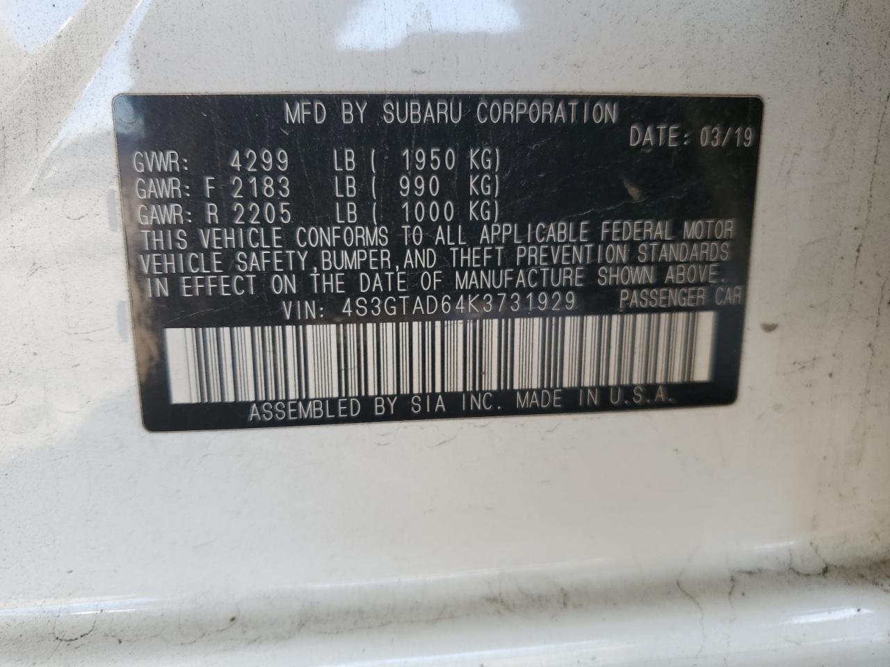 2019 Subaru Impreza Premium VIN: 4S3GTAD64K3731929 Lot: 90748585