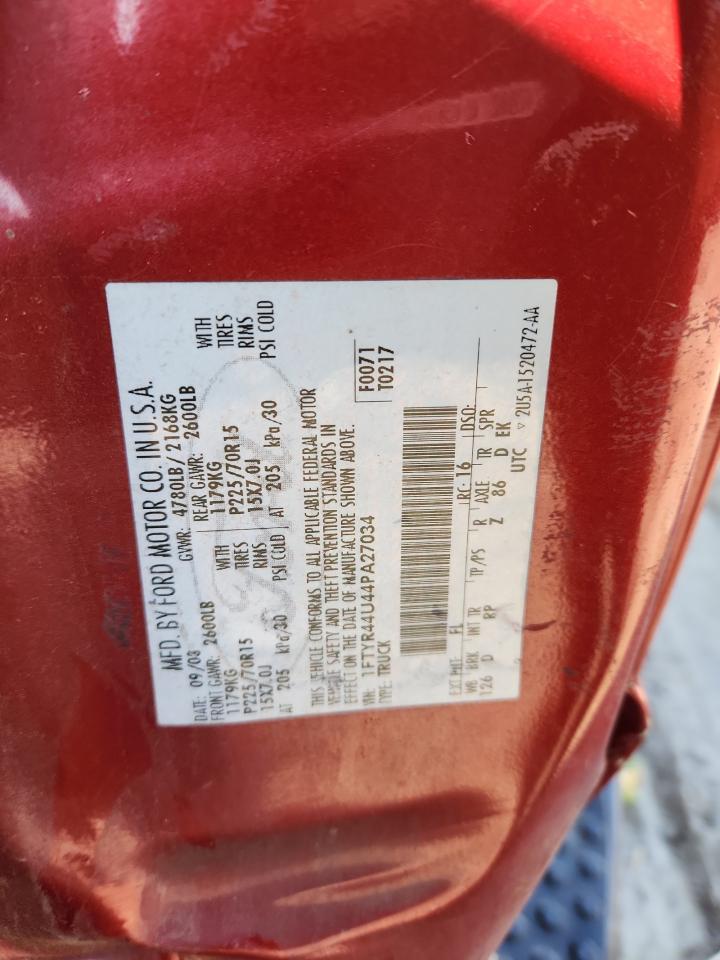 2004 Ford Ranger Super Cab VIN: 1FTYR44U44PA27034 Lot: 91881665