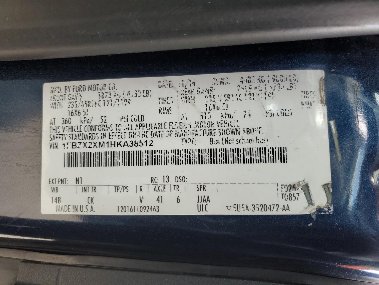 2017 Ford Transit T-350 VIN: 1FBZX2XM1HKA38512 Lot: 90899745