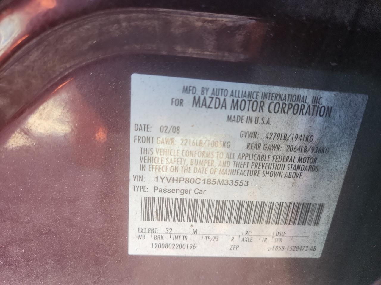 2008 Mazda 6 I VIN: 1YVHP80C185M33553 Lot: 92686595