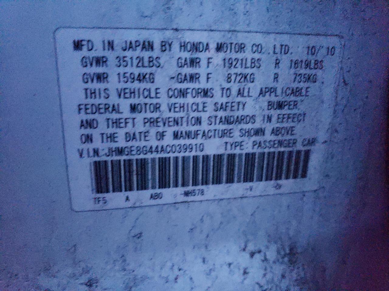 2010 Honda Fit Sport VIN: JHMGE8G44AC039910 Lot: 93498075