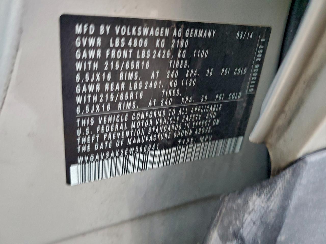 2014 Volkswagen Tiguan S VIN: WVGAV3AX2EW599941 Lot: 93887585