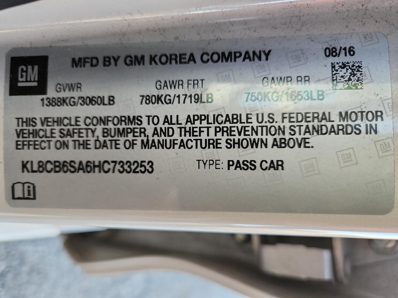 2017 Chevrolet Spark Ls VIN: KL8CB6SA6HC733253 Lot: 93173415