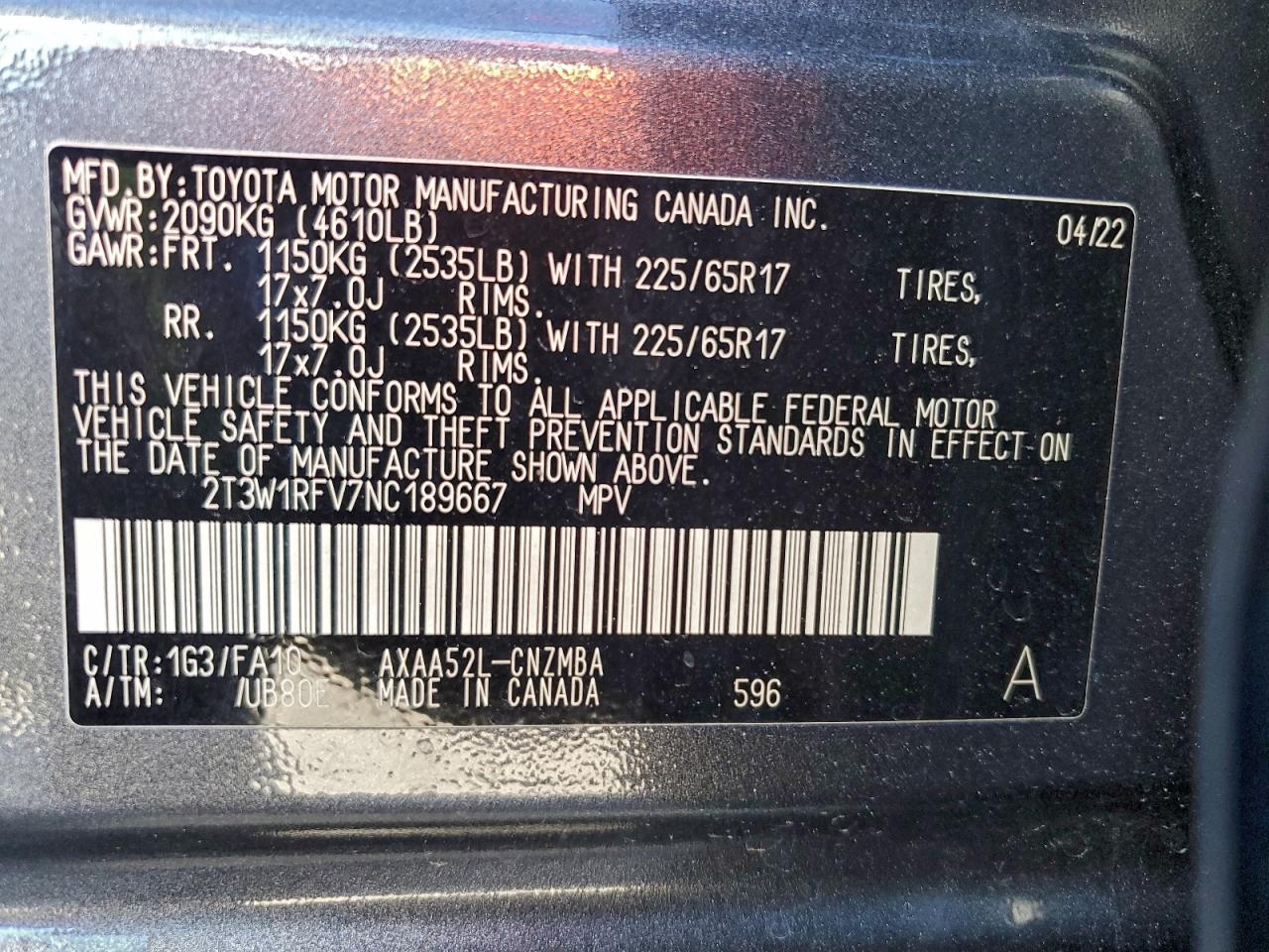 2022 Toyota Rav4 Xle VIN: 2T3W1RFV7NC189667 Lot: 94192805