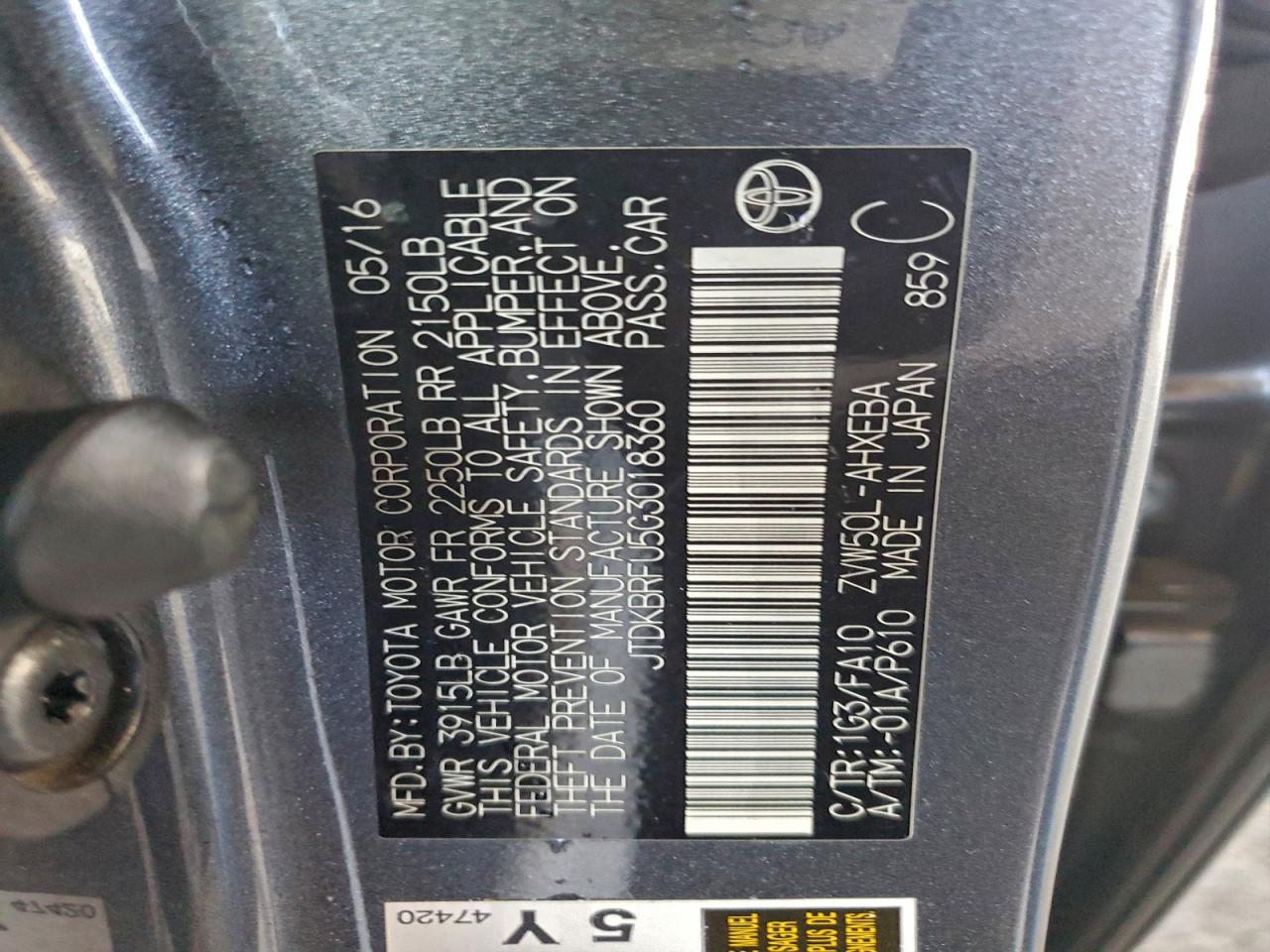 2016 Toyota Prius VIN: JTDKBRFU5G3018360 Lot: 92754755