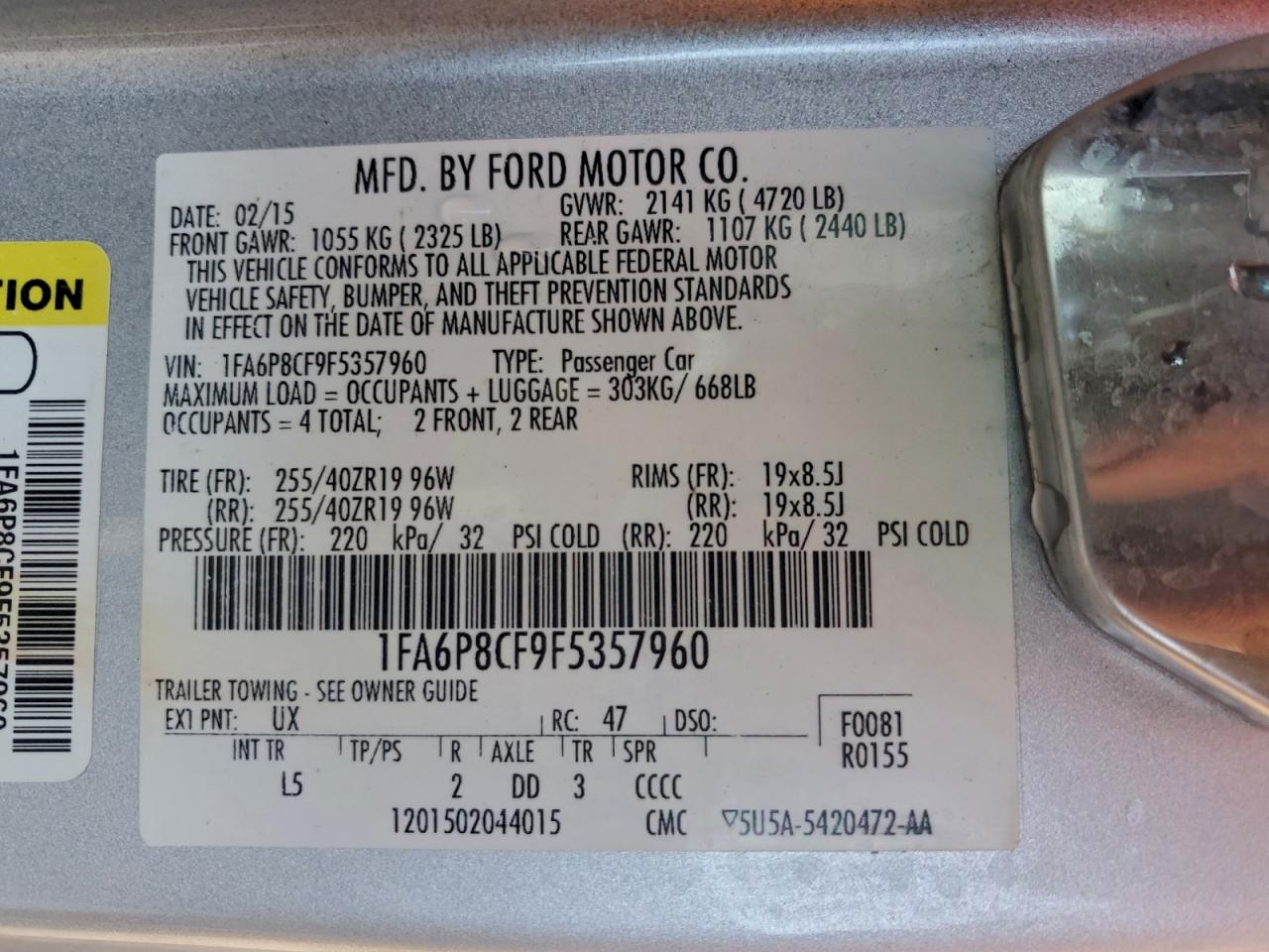 2015 Ford Mustang Gt VIN: 1FA6P8CF9F5357960 Lot: 93914275