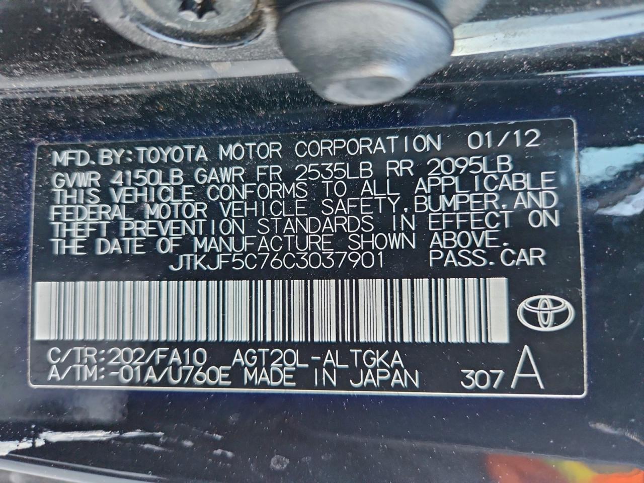 2012 Toyota Scion Tc VIN: JTKJF5C76C3037901 Lot: 94191165