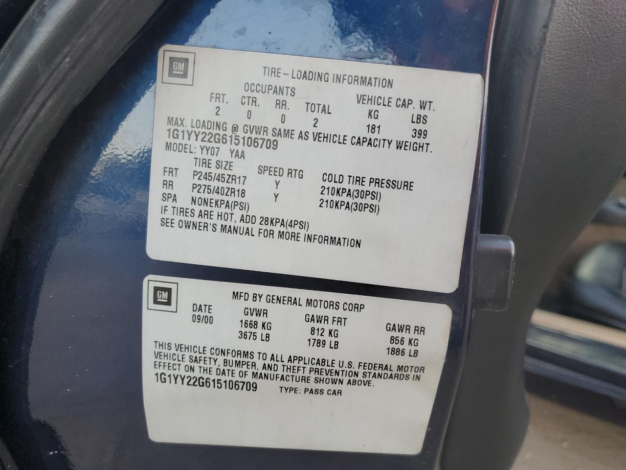 2001 Chevrolet Corvette VIN: 1G1YY22G615106709 Lot: 91995655