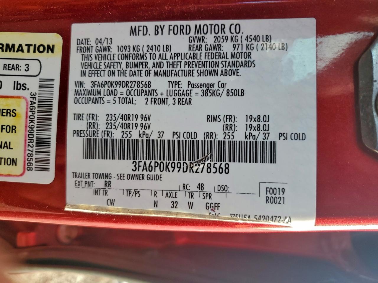 2013 Ford Fusion Titanium VIN: 3FA6P0K99DR278568 Lot: 94333015