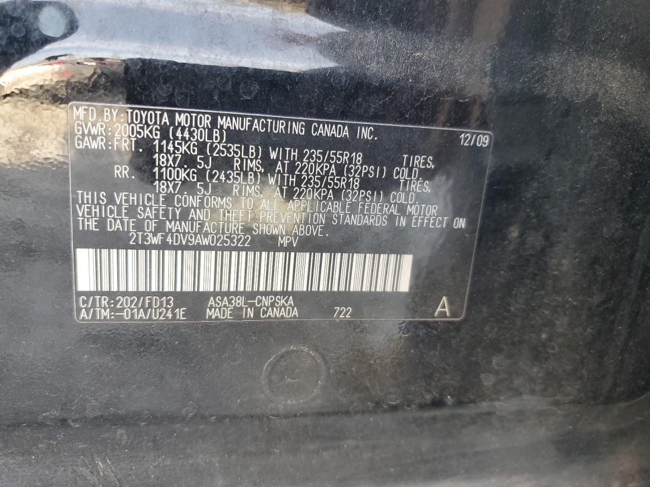 2010 Toyota Rav4 Sport VIN: 2T3WF4DV9AW025322 Lot: 92191405