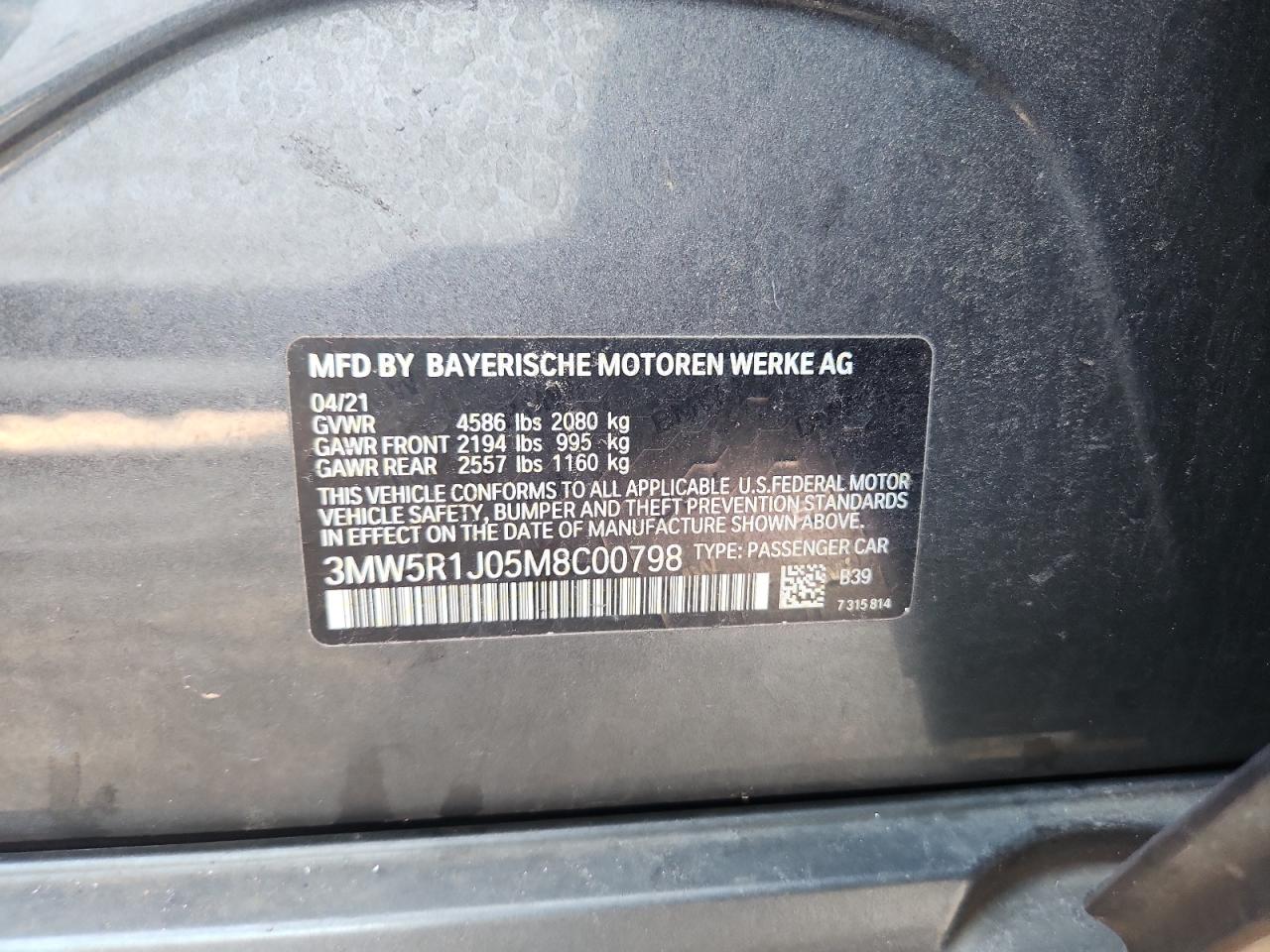 2021 BMW 330I VIN: 3MW5R1J05M8C00798 Lot: 91374205