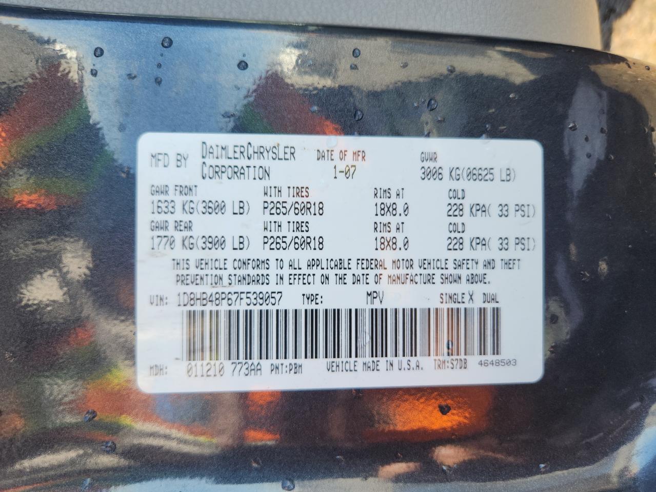 2007 Dodge Durango Slt VIN: 1D8HB48P67F539057 Lot: 91709695