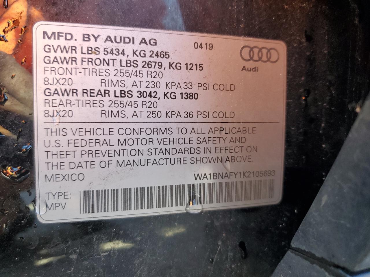 2019 Audi Q5 Premium Plus VIN: WA1BNAFY1K2105693 Lot: 91094765