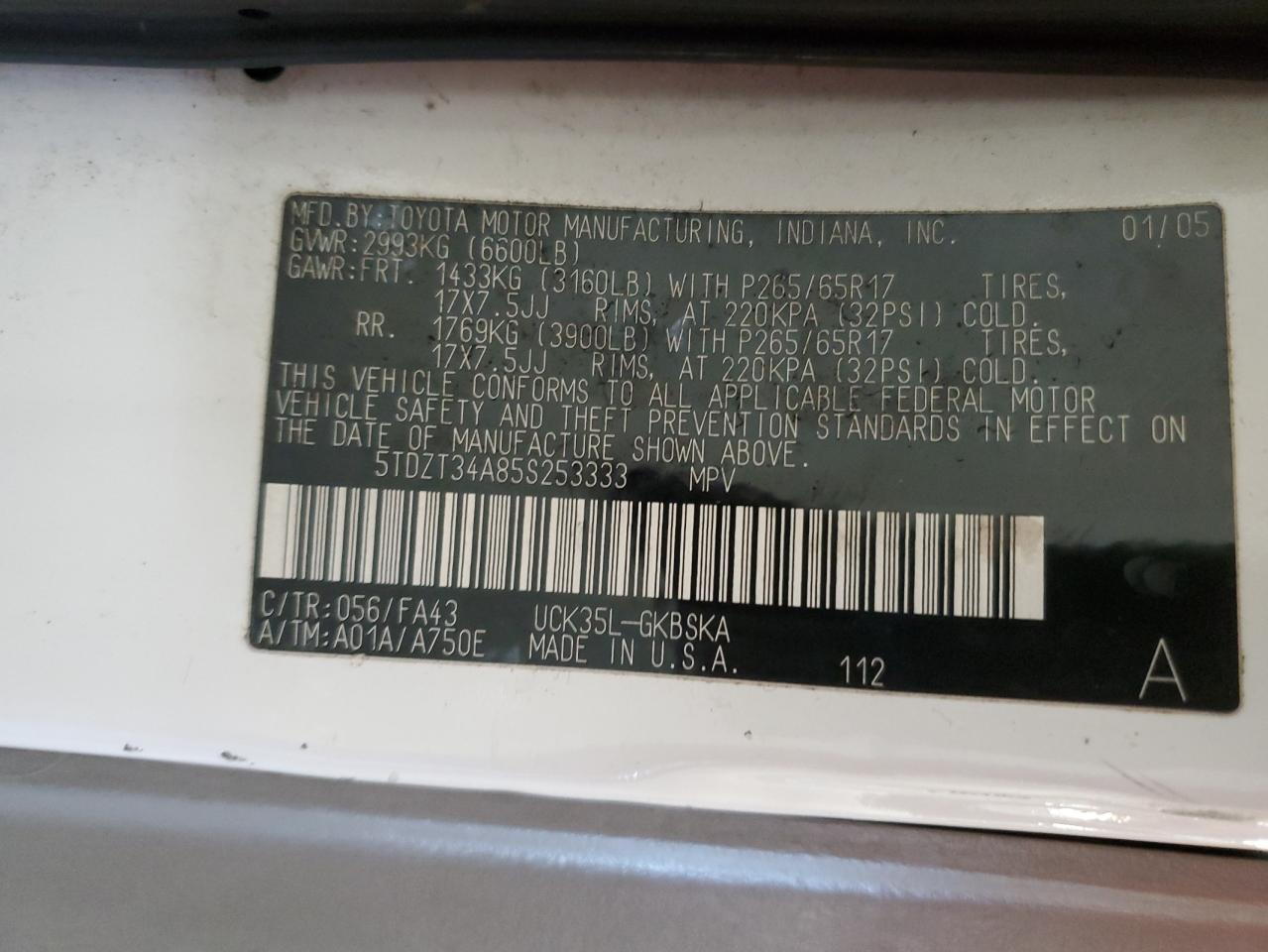 2005 Toyota Sequoia Sr5 VIN: 5TDZT34A85S253333 Lot: 92600125