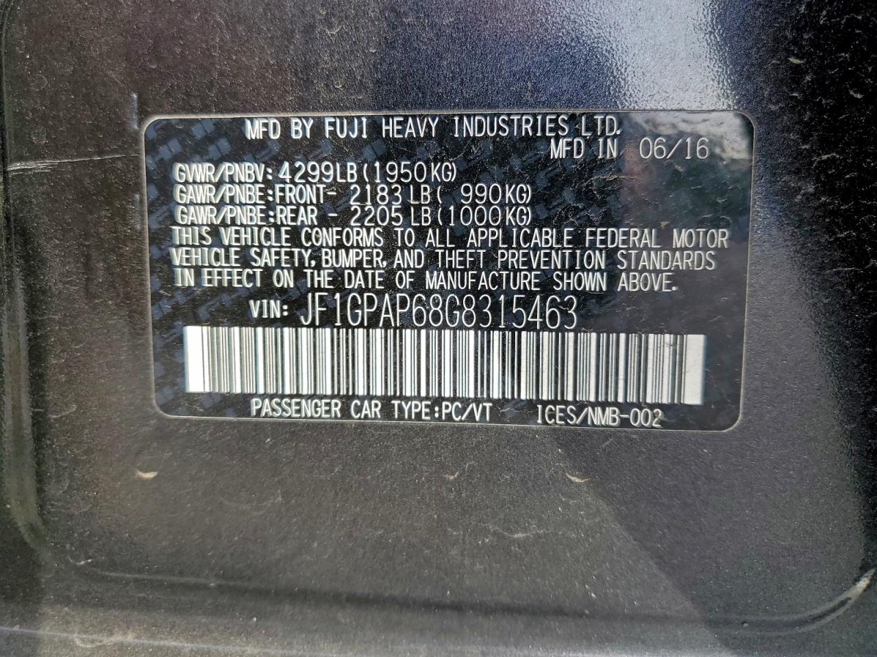 2016 Subaru Impreza Sport Premium VIN: JF1GPAP68G8315463 Lot: 94367025