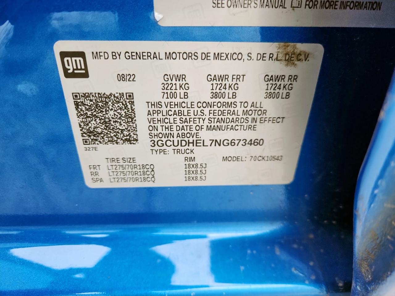 2022 Chevrolet Silverado K1500 Zr2 VIN: 3GCUDHEL7NG673460 Lot: 93082635