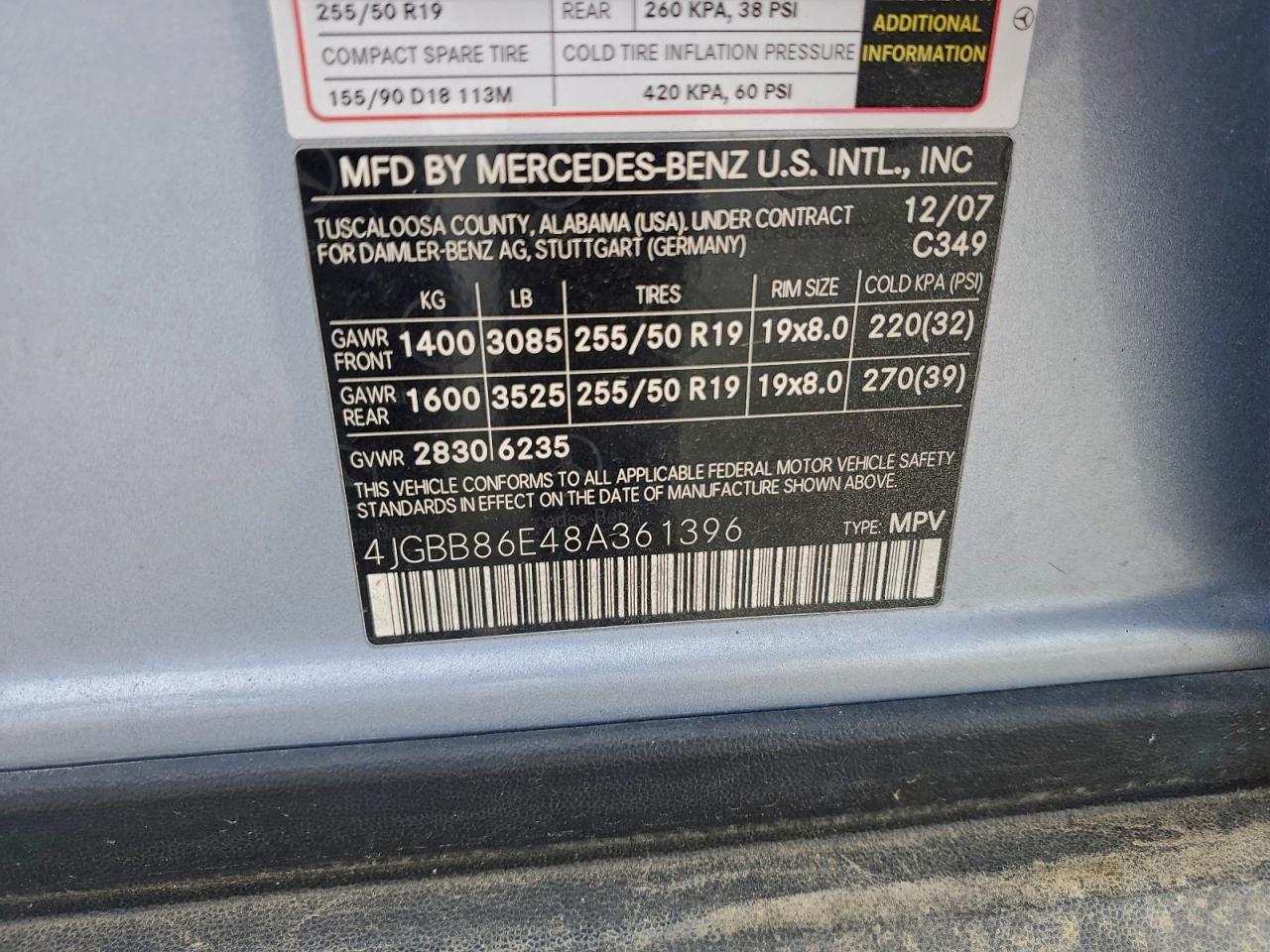 2008 Mercedes-Benz Ml 350 VIN: 4JGBB86E48A361396 Lot: 94218405