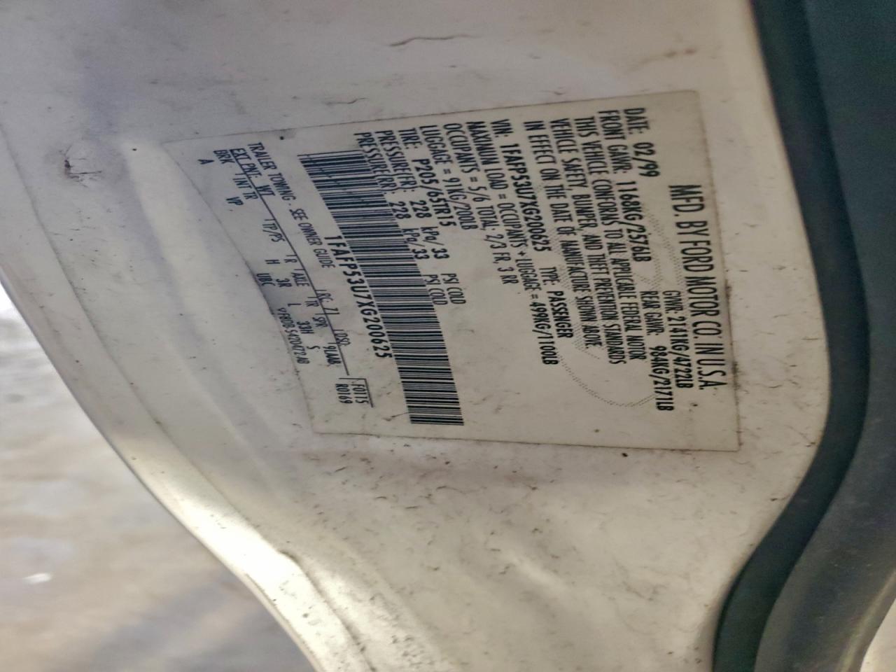 1999 Ford Taurus Se VIN: 1FAFP53U7XG200625 Lot: 94263375