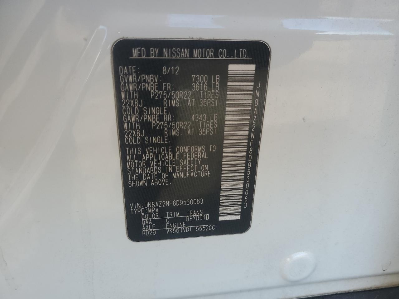 2013 Infiniti Qx56 VIN: JN8AZ2NF8D9530063 Lot: 90108805