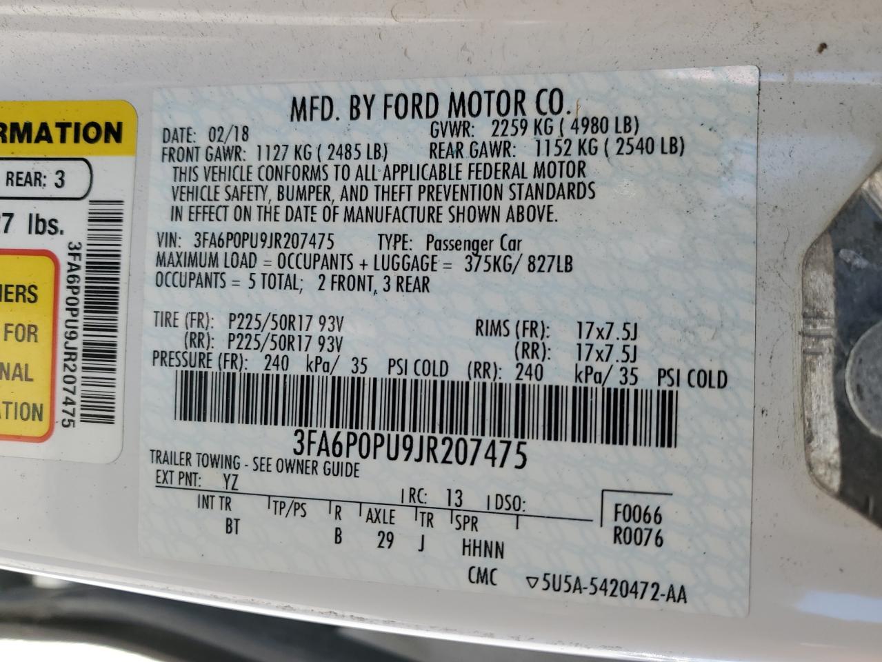 2018 Ford Fusion Se Phev VIN: 3FA6P0PU9JR207475 Lot: 90946445