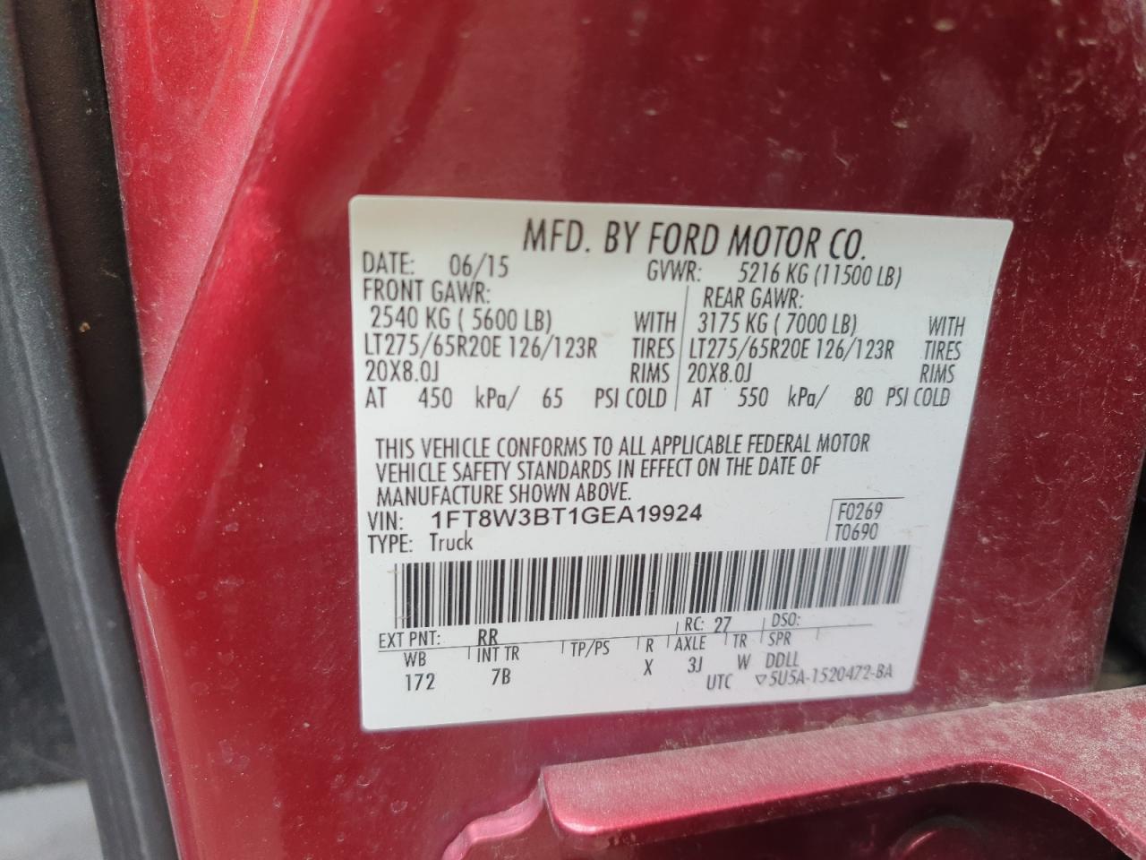 2016 Ford F350 Super Duty VIN: 1FT8W3BT1GEA19924 Lot: 91121805