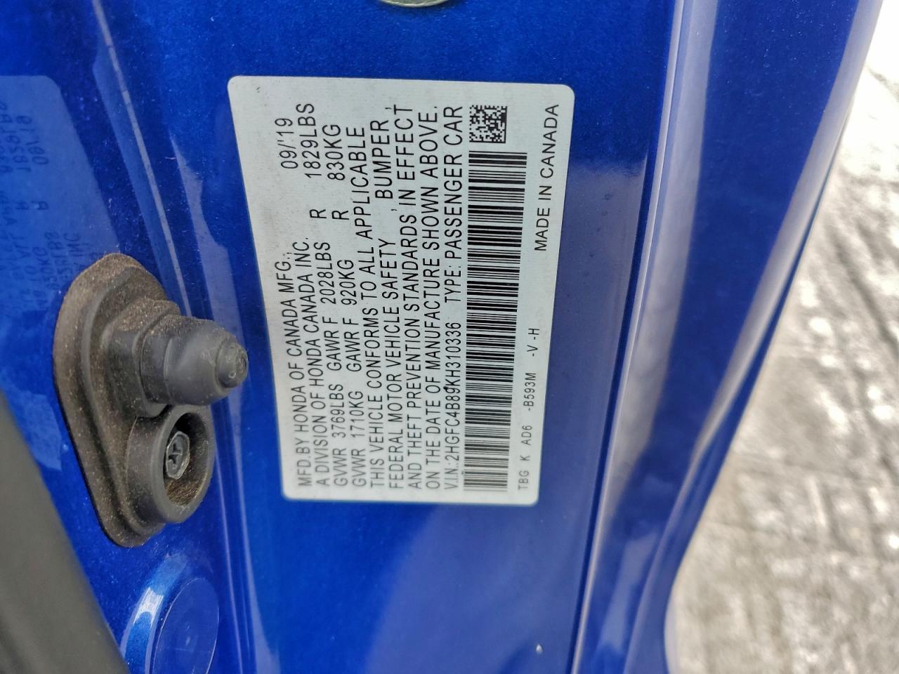 2019 Honda Civic Sport VIN: 2HGFC4B89KH310336 Lot: 94302465