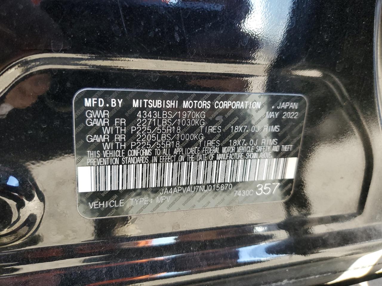 2022 Mitsubishi Outlander Sport Se VIN: JA4APVAU7NU015670 Lot: 92542575