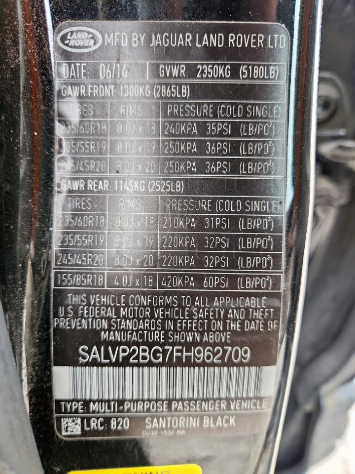 2015 Land Rover Range Rover Evoque Pure Plus VIN: SALVP2BG7FH962709 Lot: 92937075