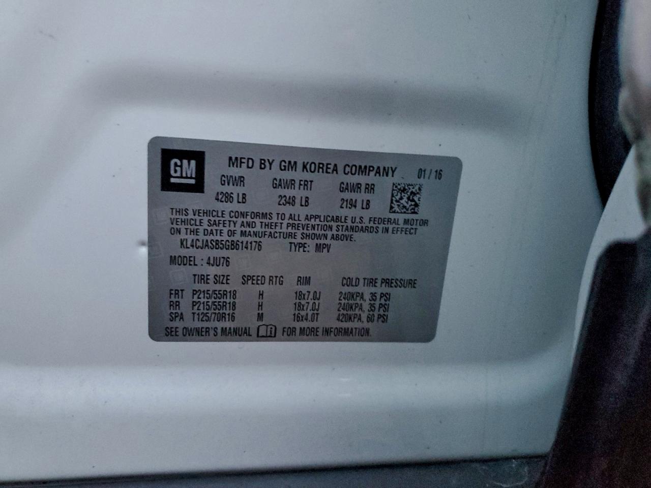 2016 Buick Encore VIN: KL4CJASB5GB614176 Lot: 93244545