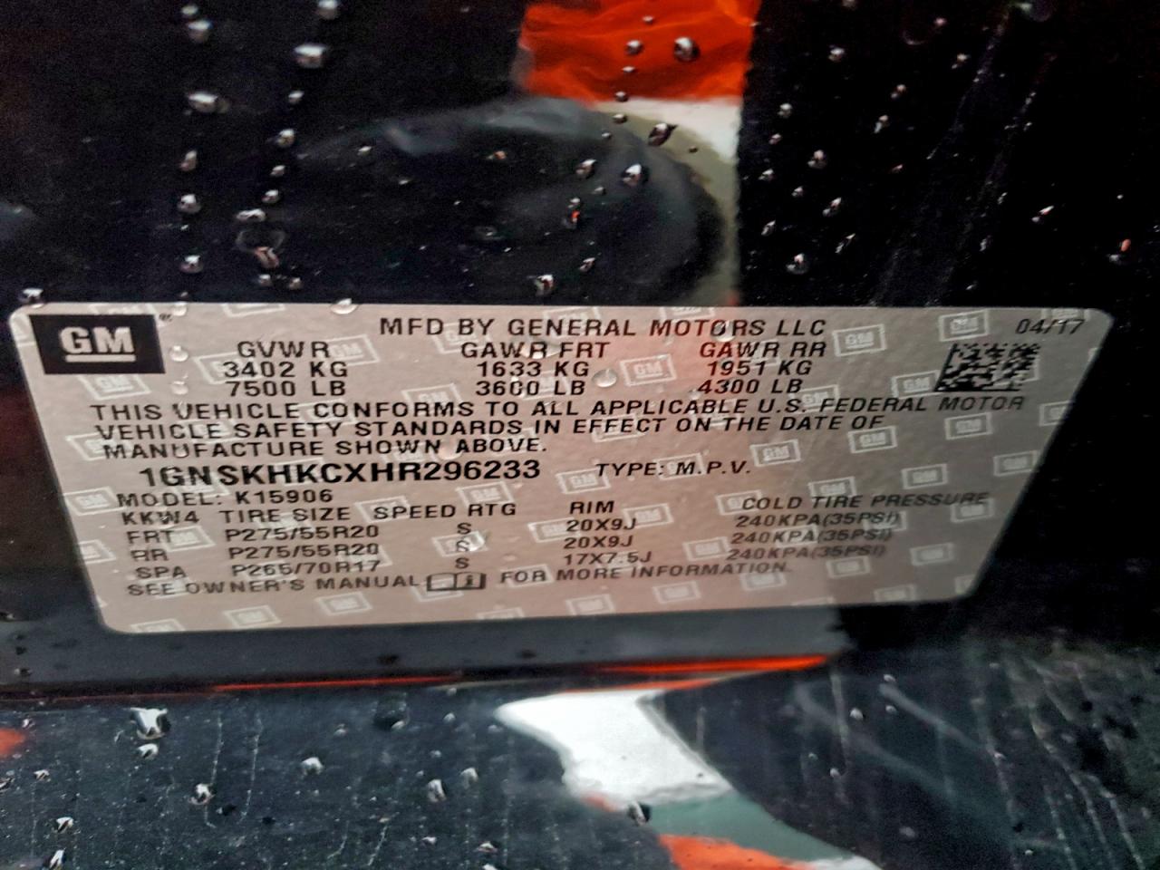 2017 Chevrolet Suburban K1500 Lt VIN: 1GNSKHKCXHR296233 Lot: 94214555