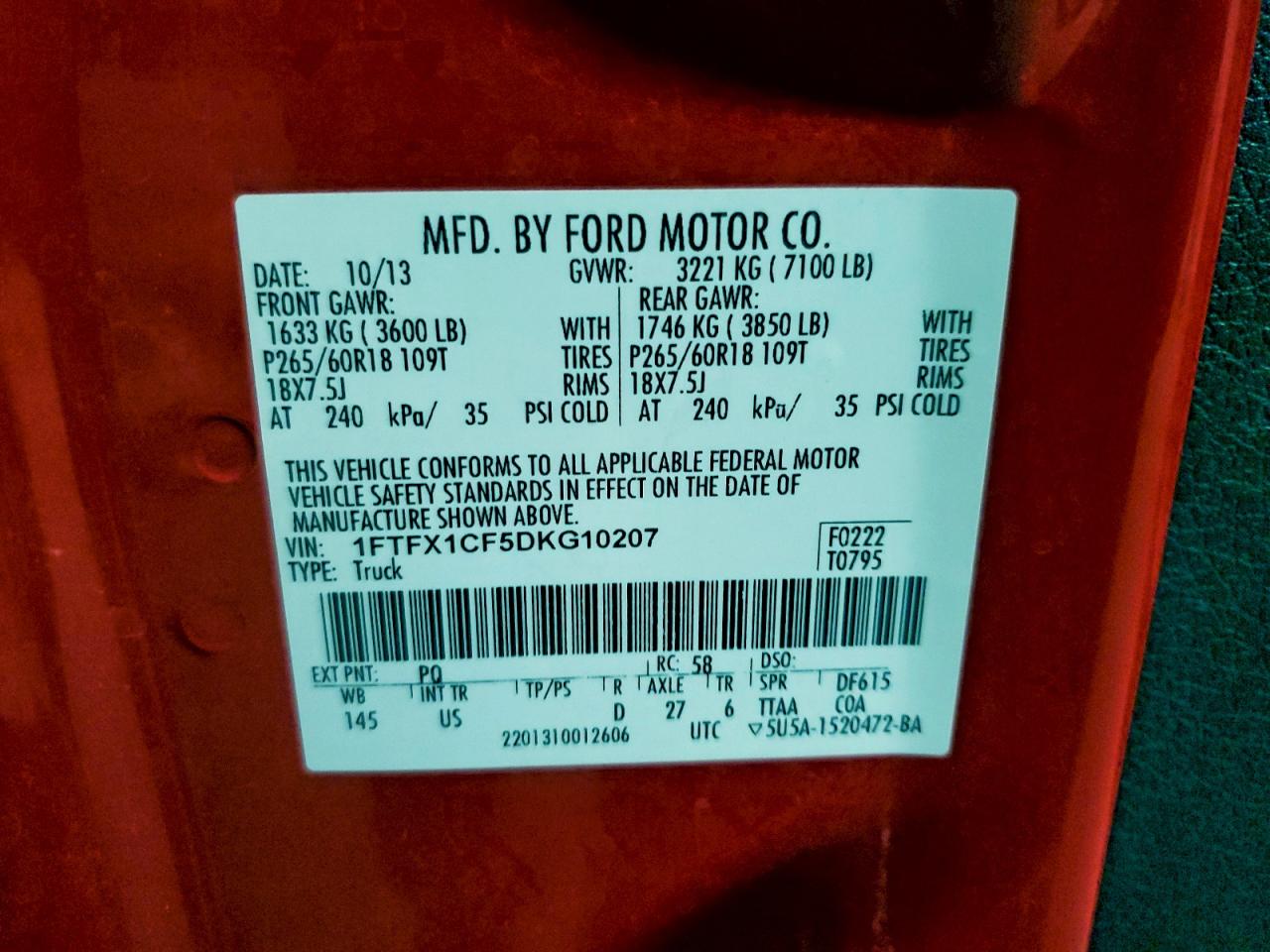 2013 Ford F150 Super Cab VIN: 1FTFX1CF5DKG10207 Lot: 93912995