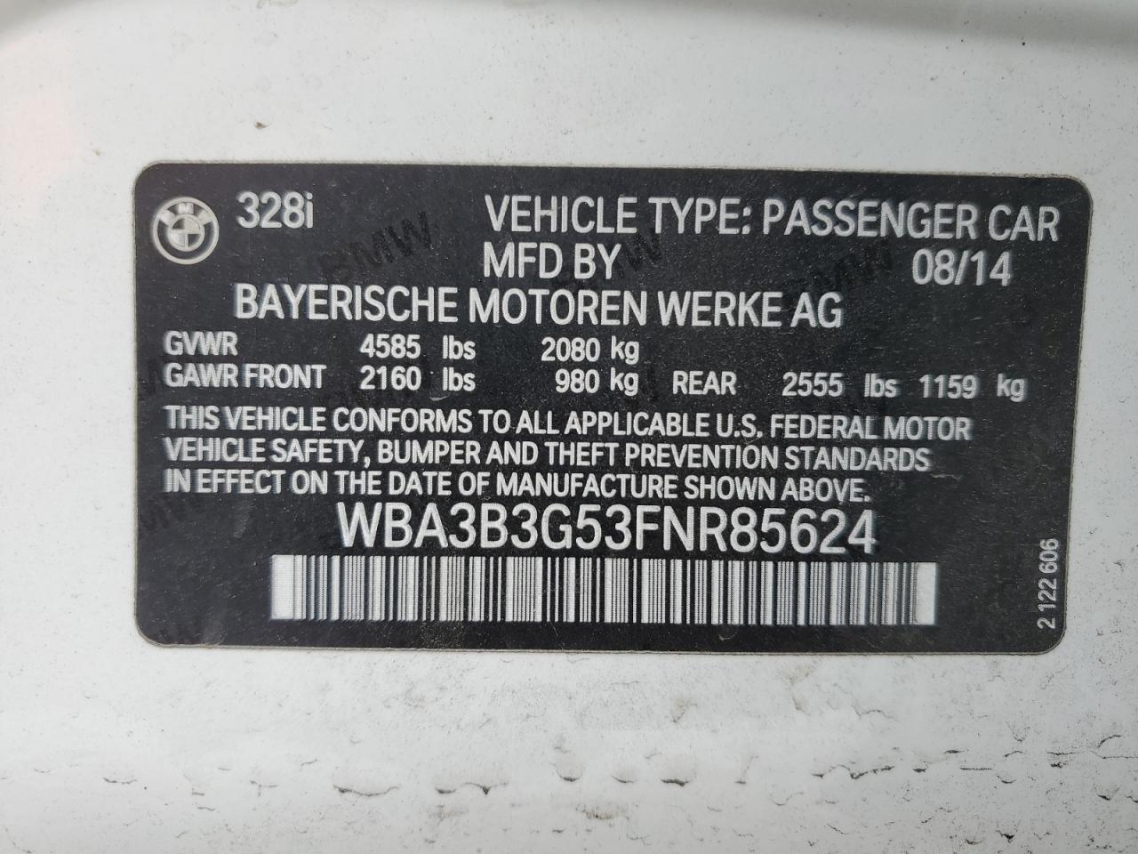 2015 BMW 328 Xi VIN: WBA3B3G53FNR85624 Lot: 92758845